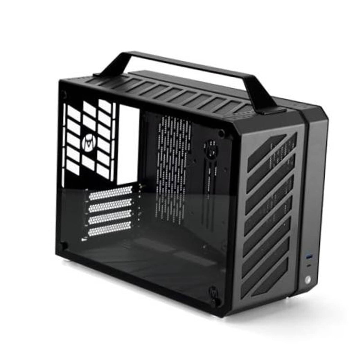 Black compact PC case with open frame, vented panels, and carry handle