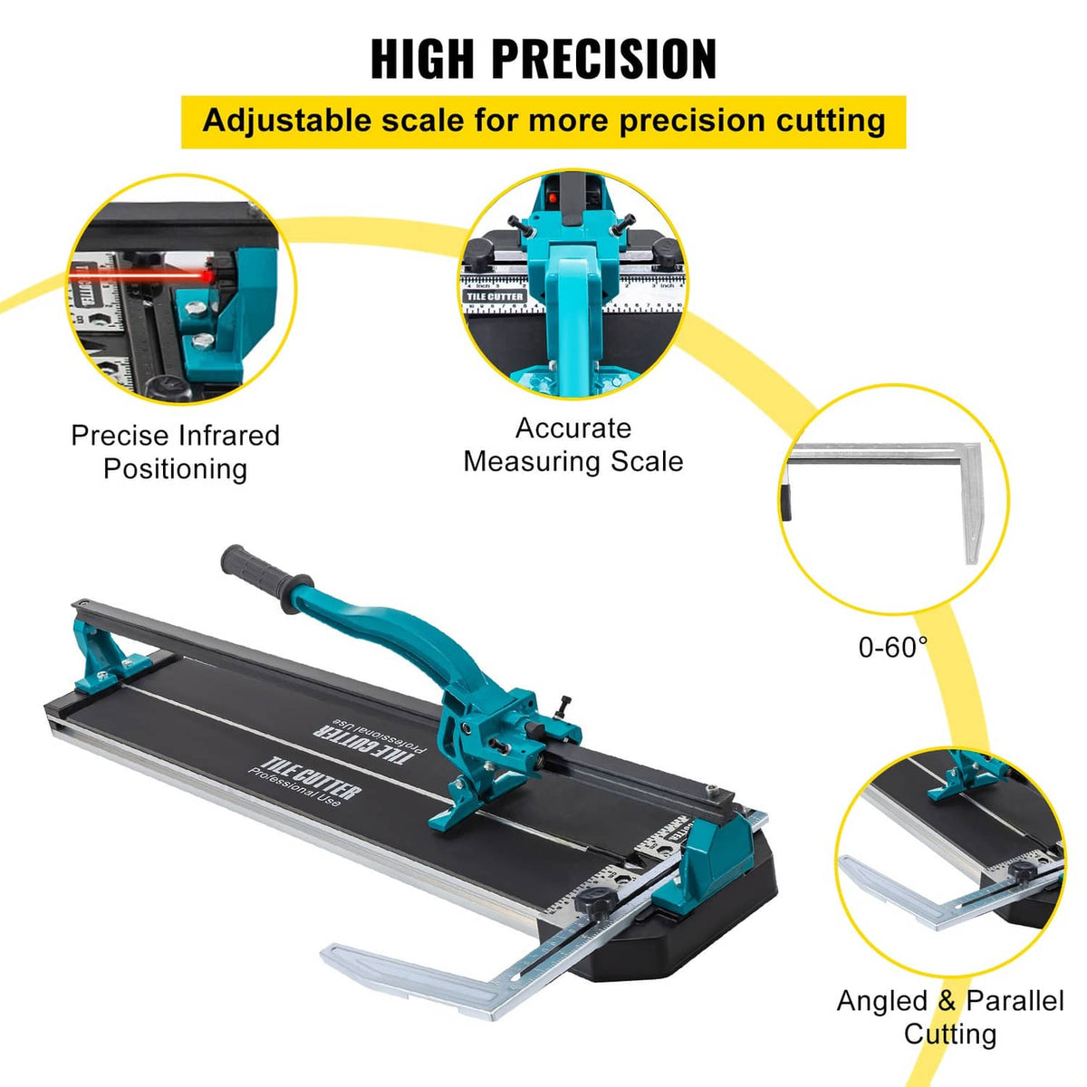 Tile cutter with adjustable scale markings and angled/parallel cutting setup