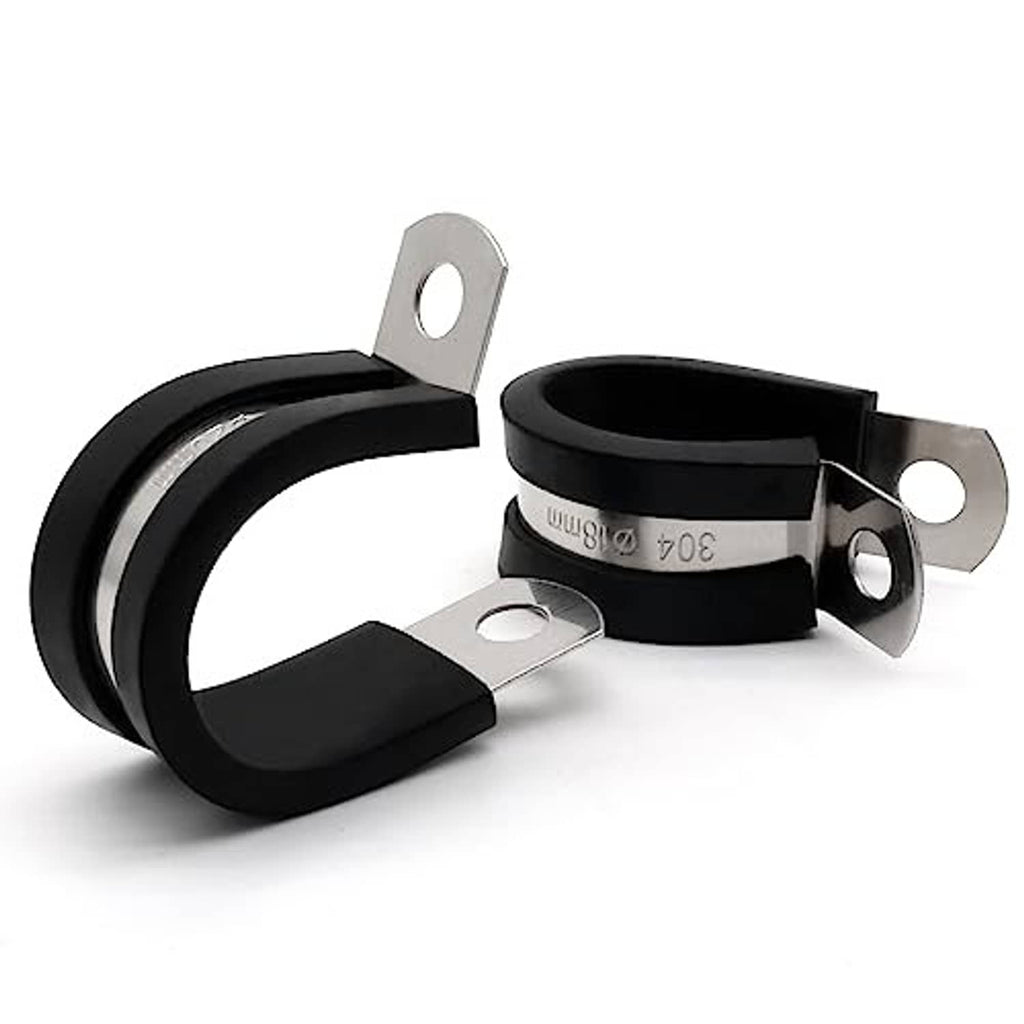 Three stainless steel cable clamps with black rubber cushions and circular mounting holes