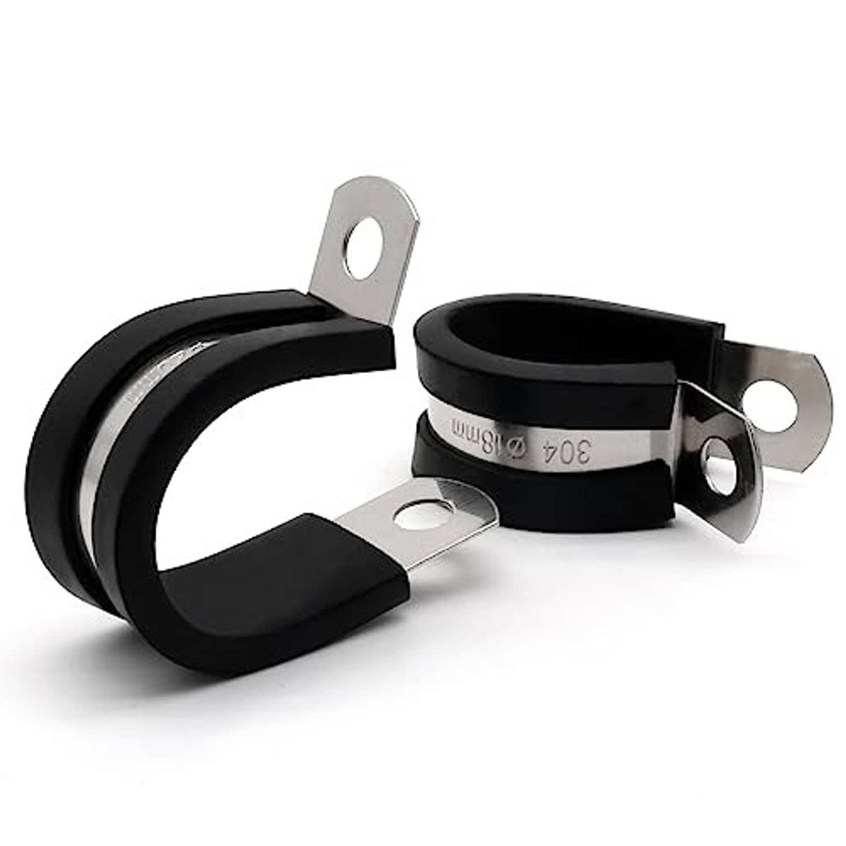 Three stainless steel cable clamps with black rubber cushions and circular mounting holes