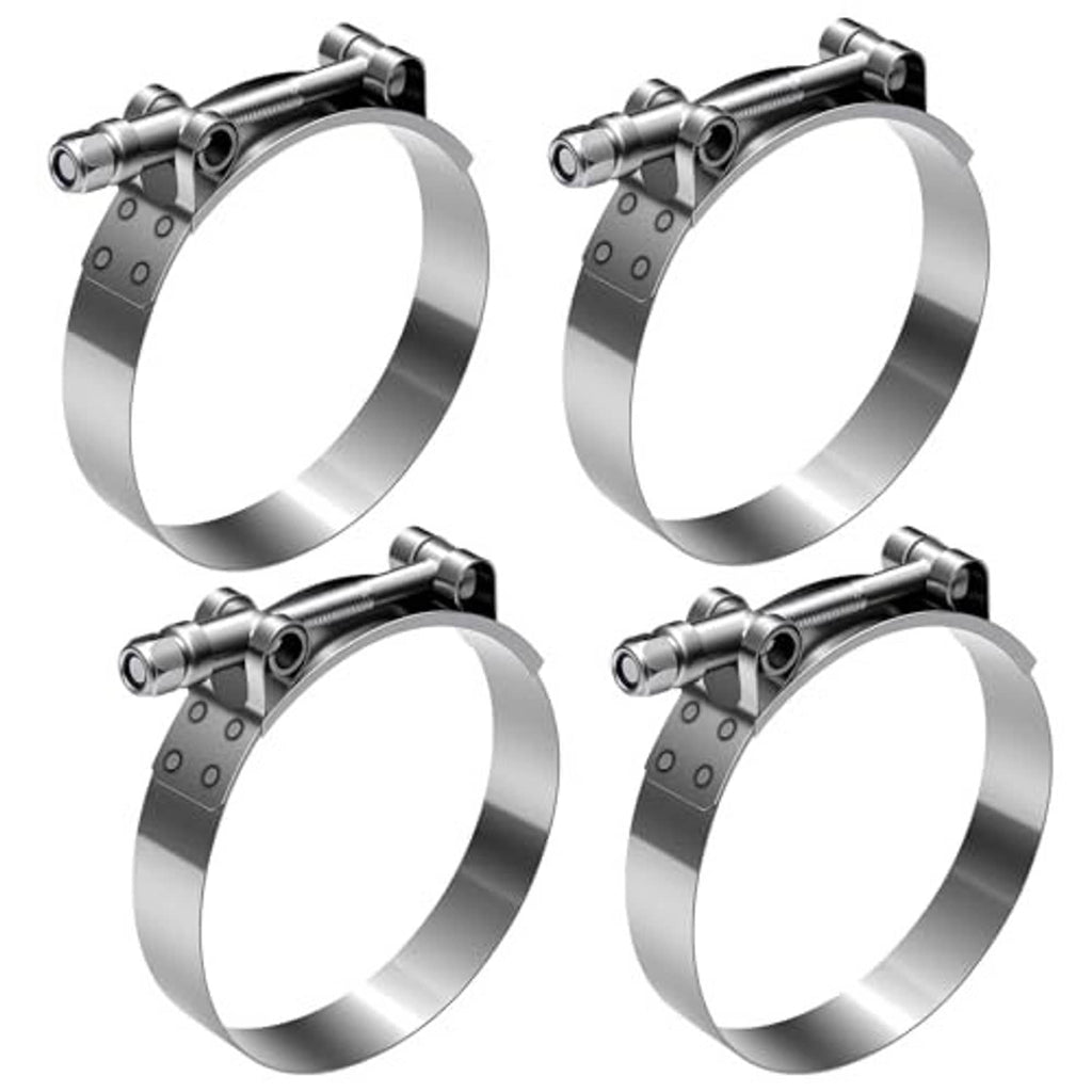 Four stainless steel T-bolt hose clamps with bolts on perforated bands