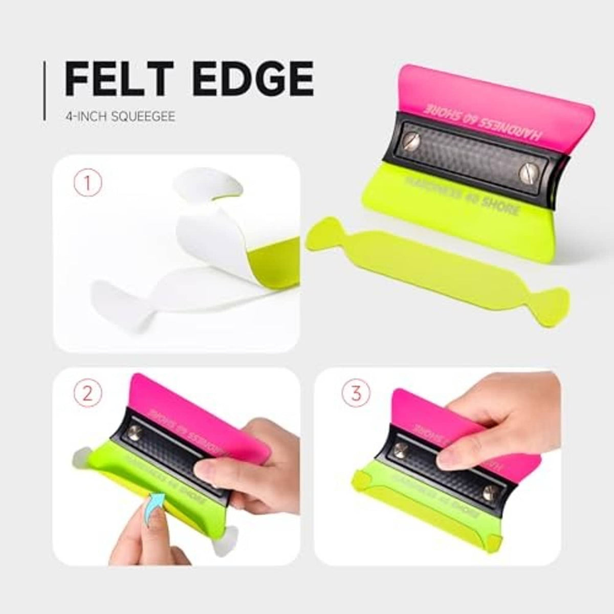 4-inch felt edge squeegee buffer with neon green felt strips and applicator