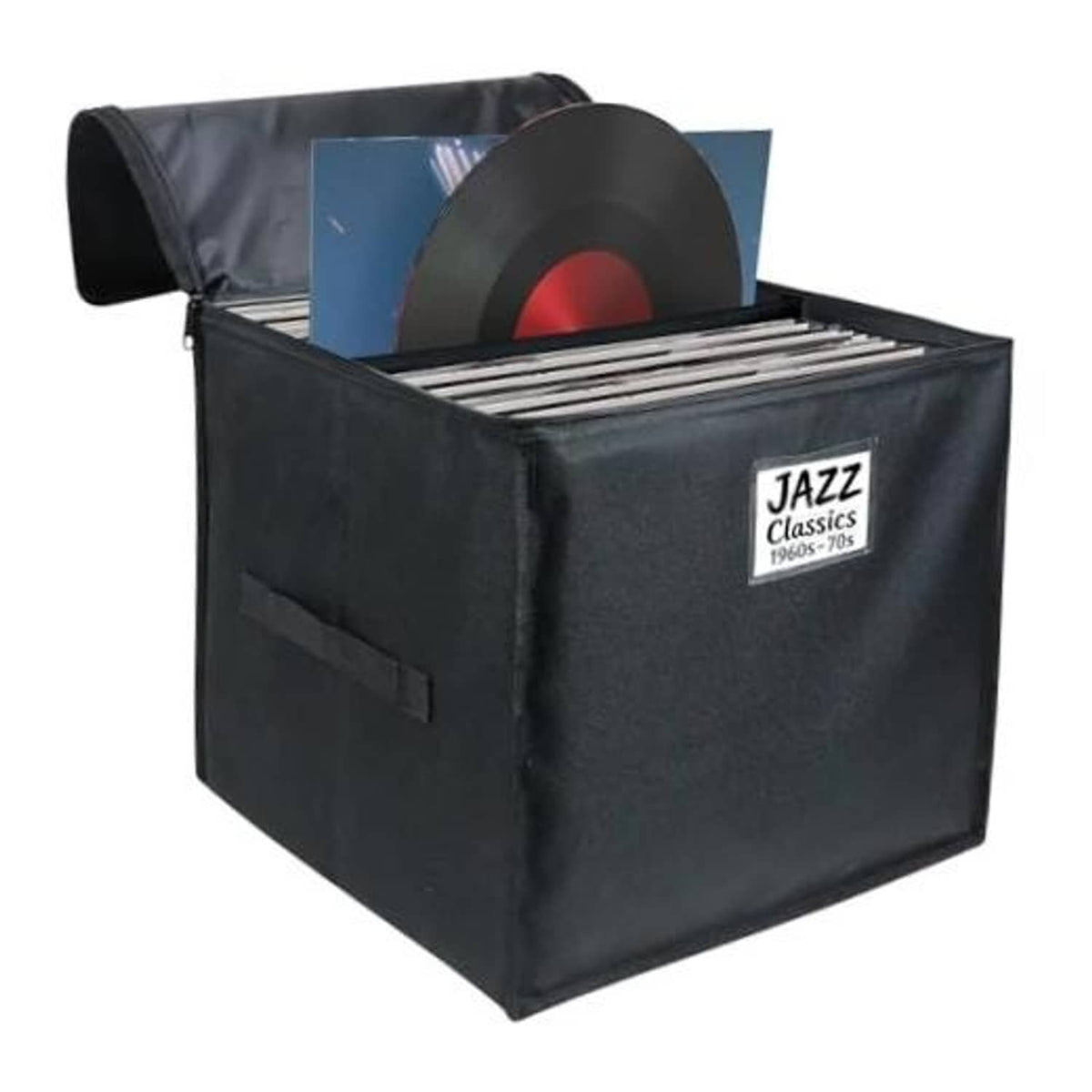 Black vinyl record storage box with zipper lid, holds 12-inch records