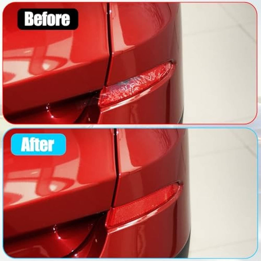 Red rear bumper reflector lens installed on the vehicle, shown in side-by-side views
