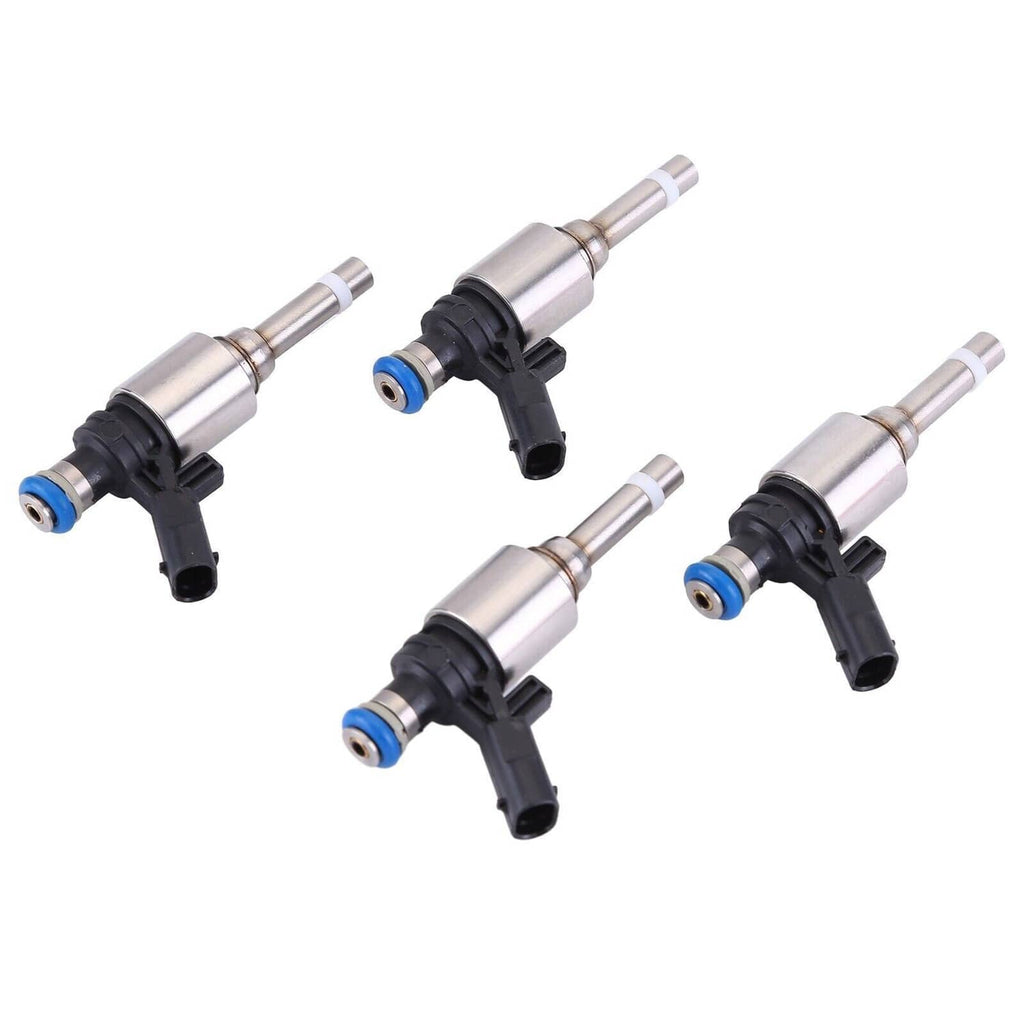Set of four fuel injectors, silver metal with black housings and blue seals