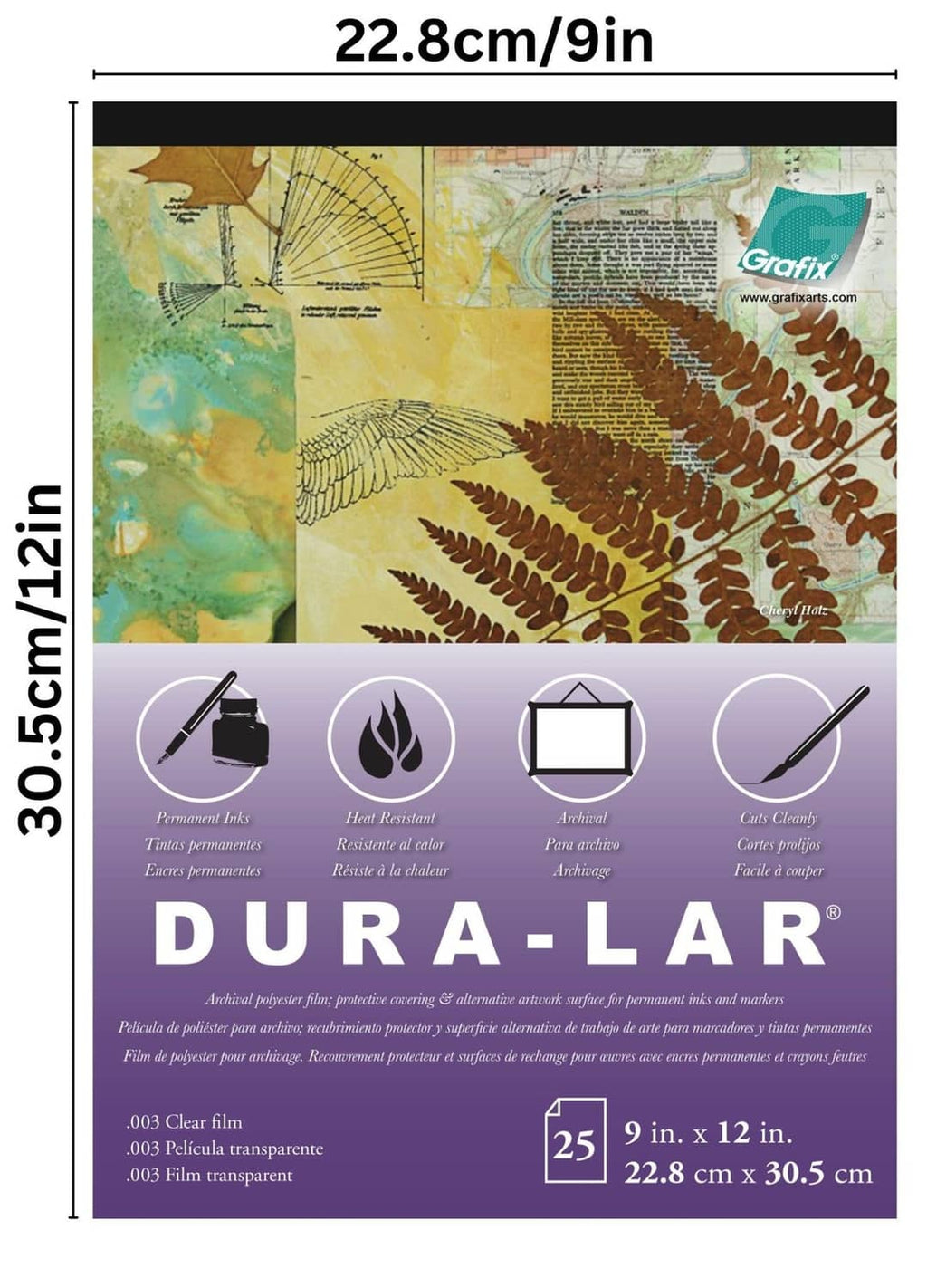 Clear mylar film sheet packaging with 9 x 12 in size and Dura-lar branding