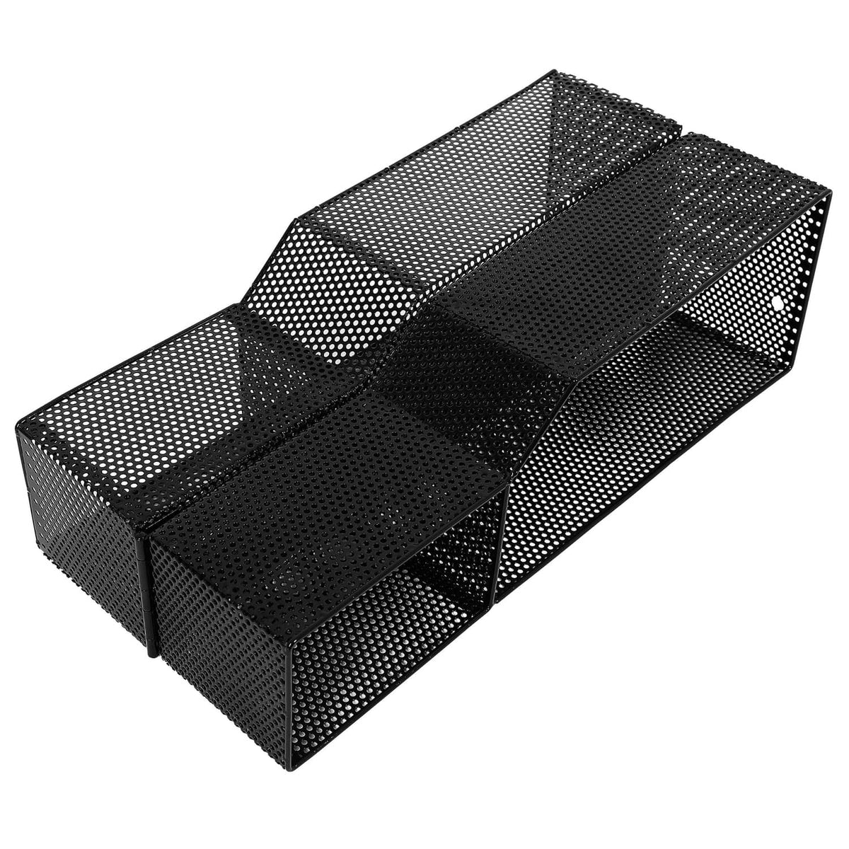 Black mesh front storage basket box with multiple compartments and open top design