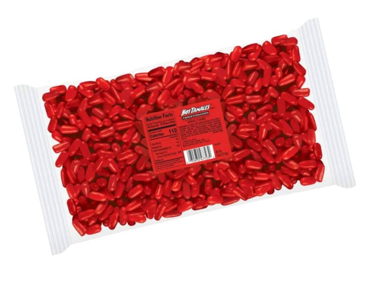 Hot Tamales cinnamon candies in a sealed pouch, red pieces with front label centered