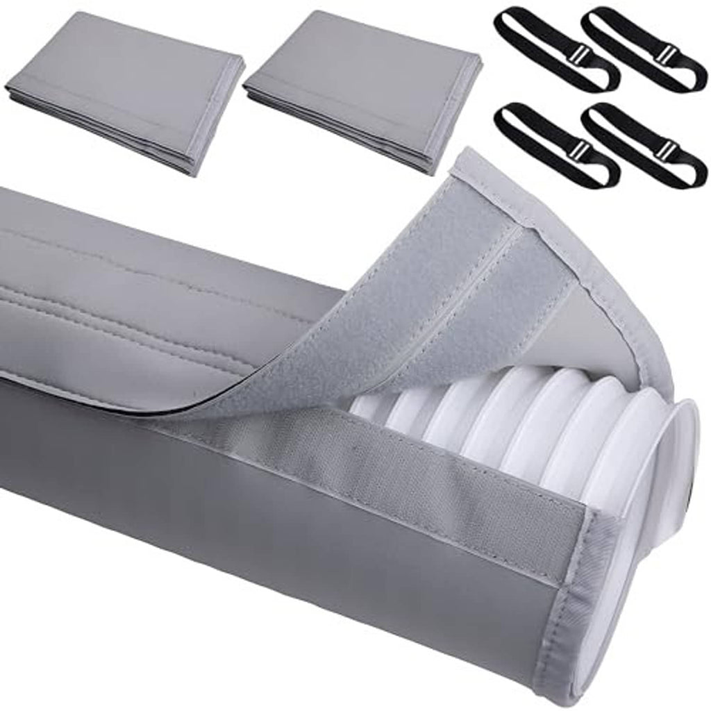 Gray AC exhaust hose cover wrap with open end over white ribbed hose, padded lining