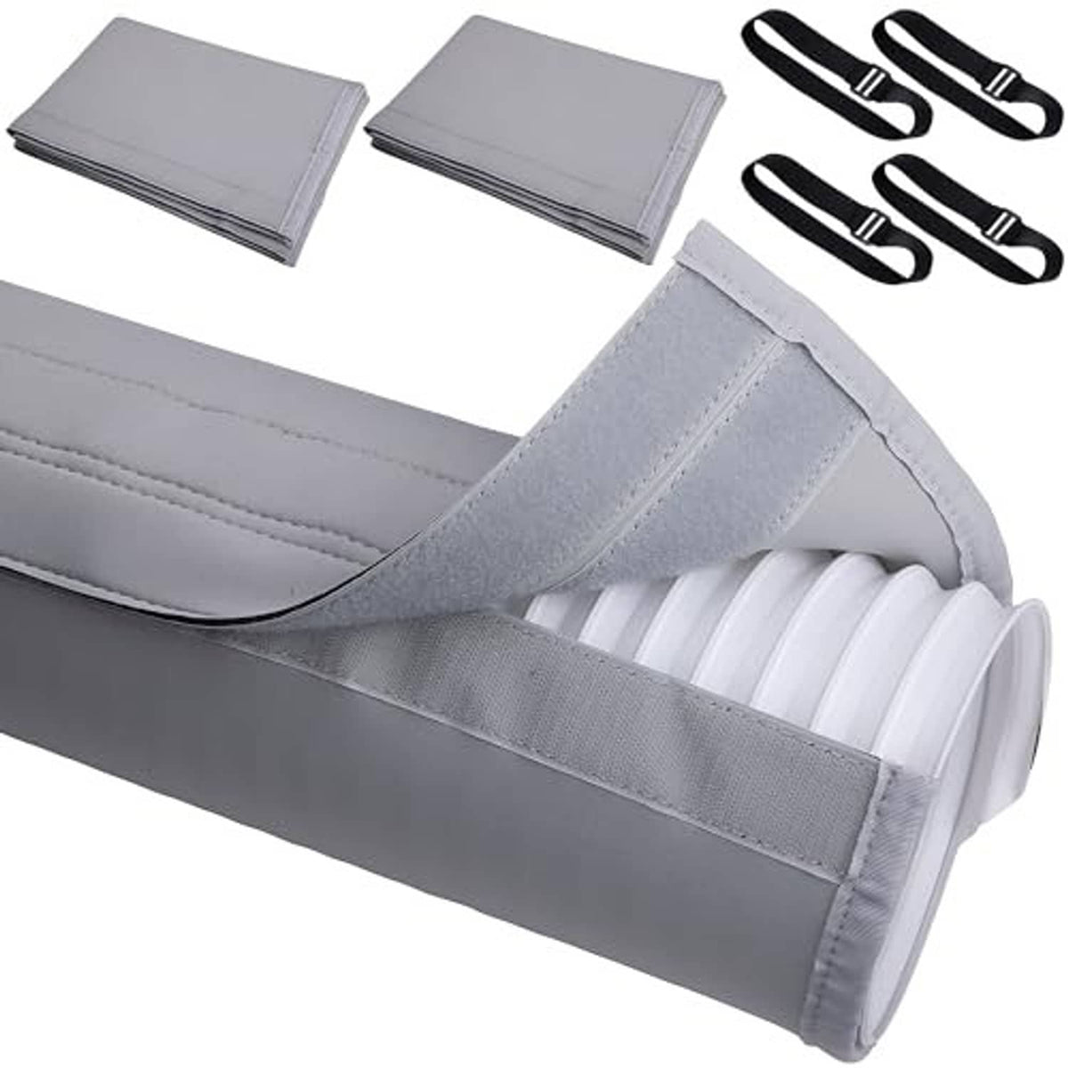 Gray AC exhaust hose cover wrap with open end over white ribbed hose, padded lining