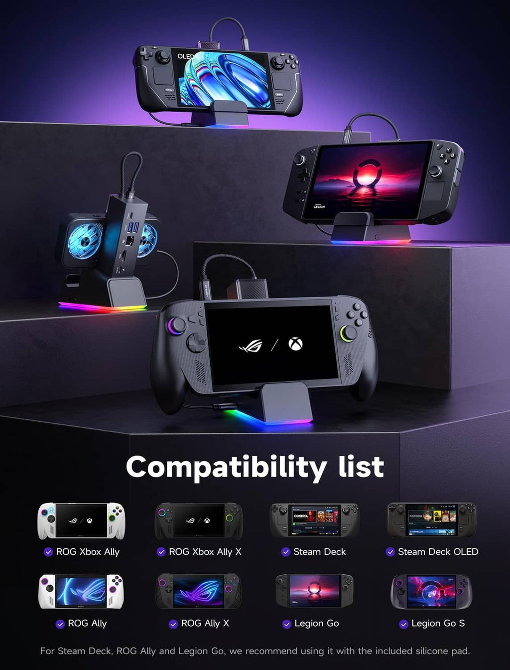 Handheld docking station with dual RGB fans and multi-connection ports on stand