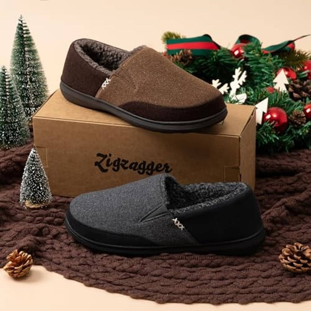 Pair of slip-on slippers in coffee-brown and dark gray with faux-fur lining