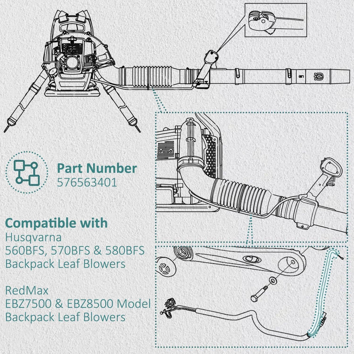 Throttle cable with black sheath and silver fittings for engine-mounted control