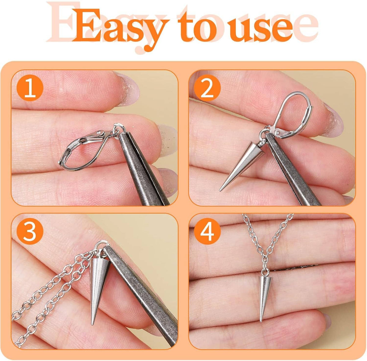 Hands attaching a stainless steel spike cone charm using a small jump ring and chain