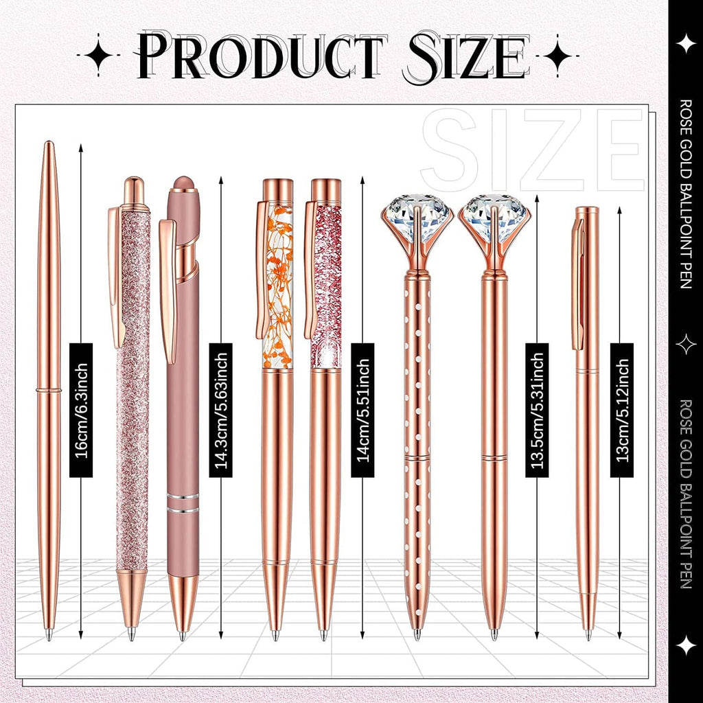 Set of 8 rose gold ballpoint pens with assorted barrel designs