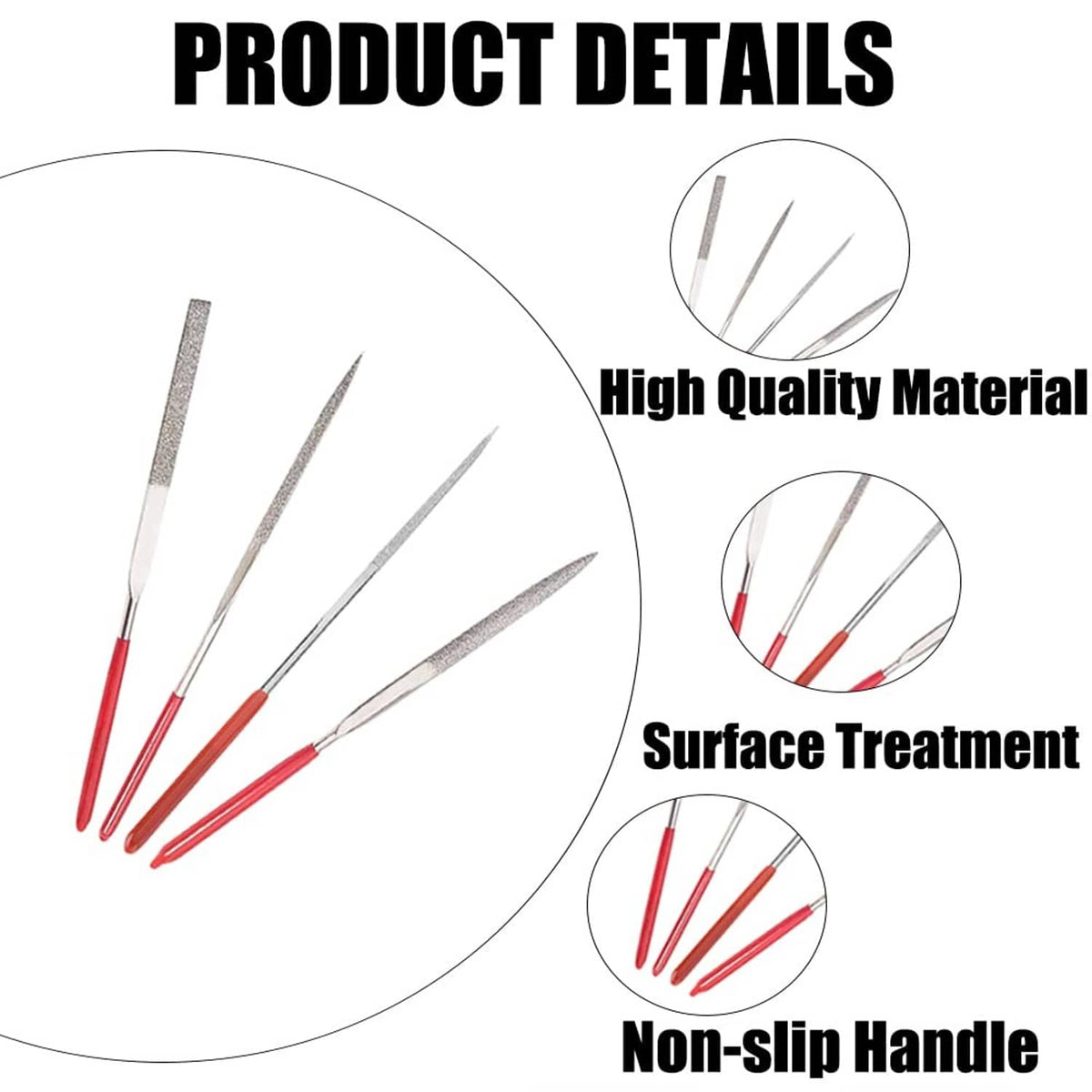 Five diamond needle files with red nonslip handles and silver textured working ends
