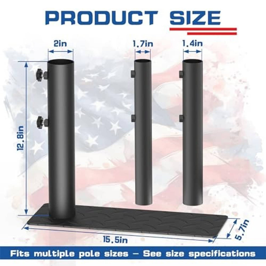Black flag pole mount holder with multiple tube heights shown on square base
