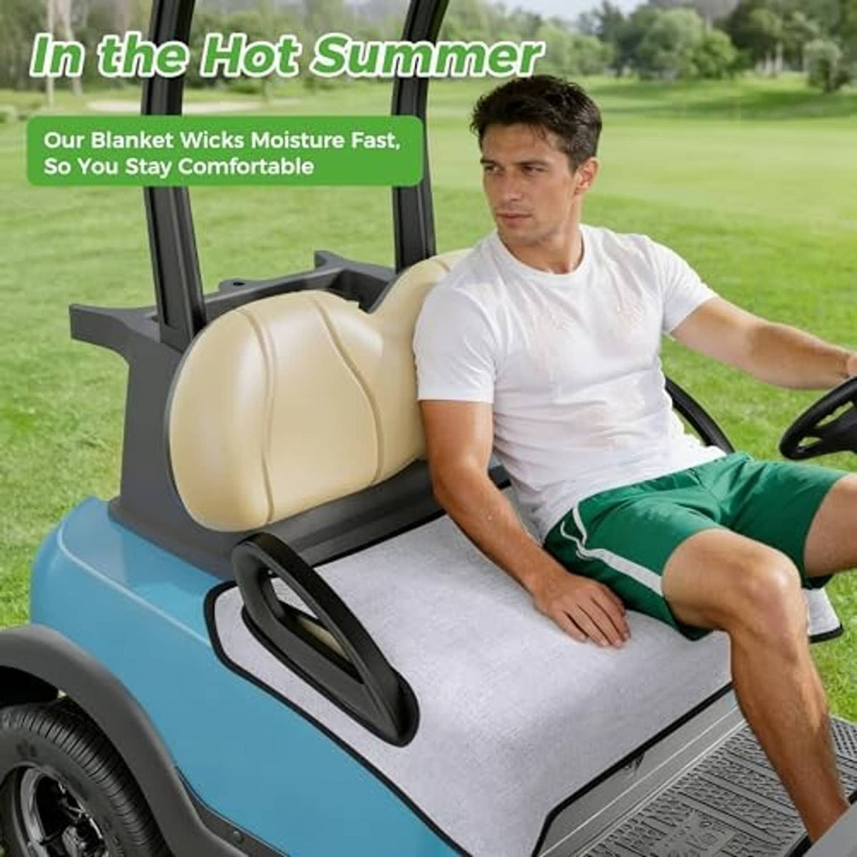 Light tan golf cart seat blanket draped over bench seat with smooth top panel