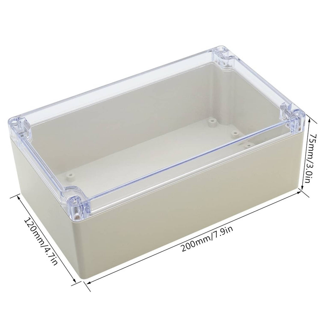 Beige ABS junction box with clear cover; dimensions labeled on the front