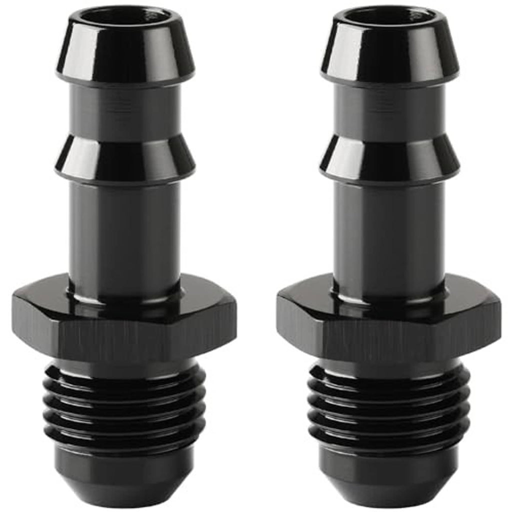 Black straight male flare fittings with knurled hex mounting base, pair