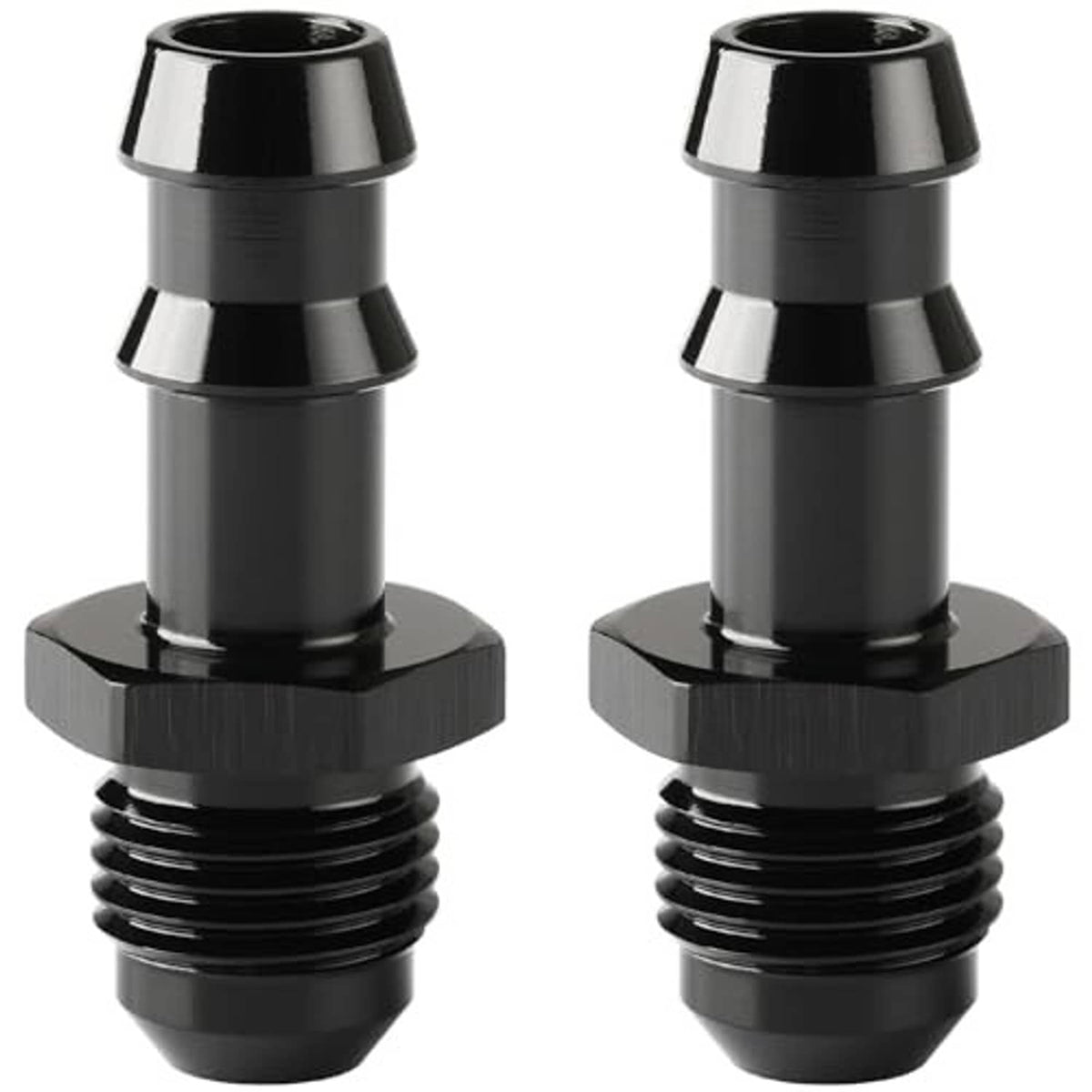 Black straight male flare fittings with knurled hex mounting base, pair