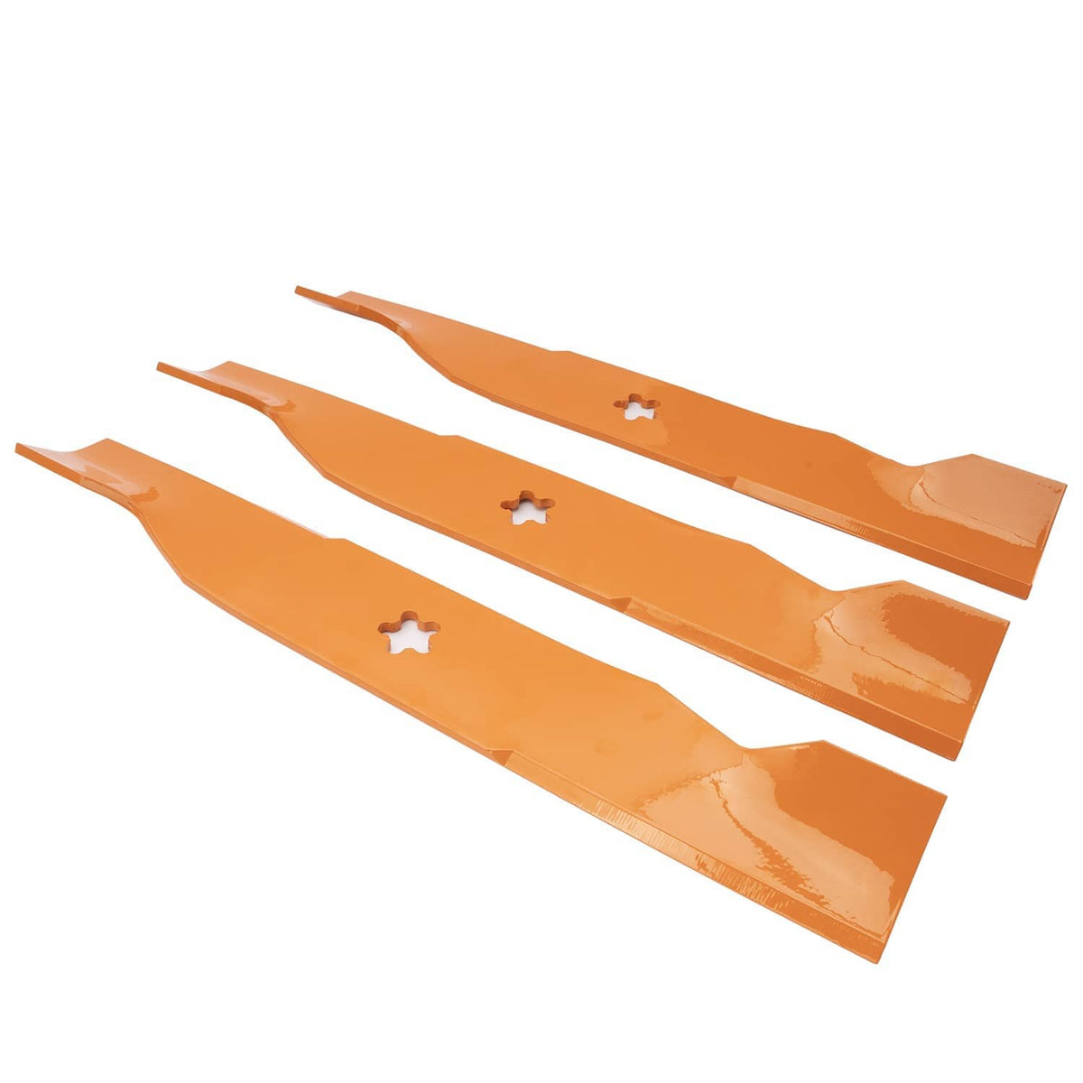 Set of 3 orange lawn mower blades with star-shaped center holes