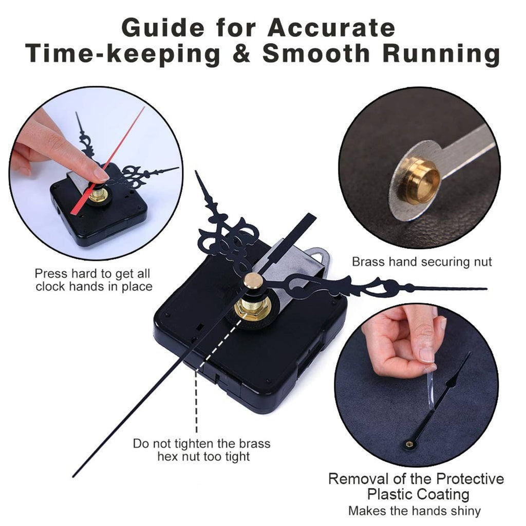 Clock movement assembly with brass hand-securing nut and protective coating removal