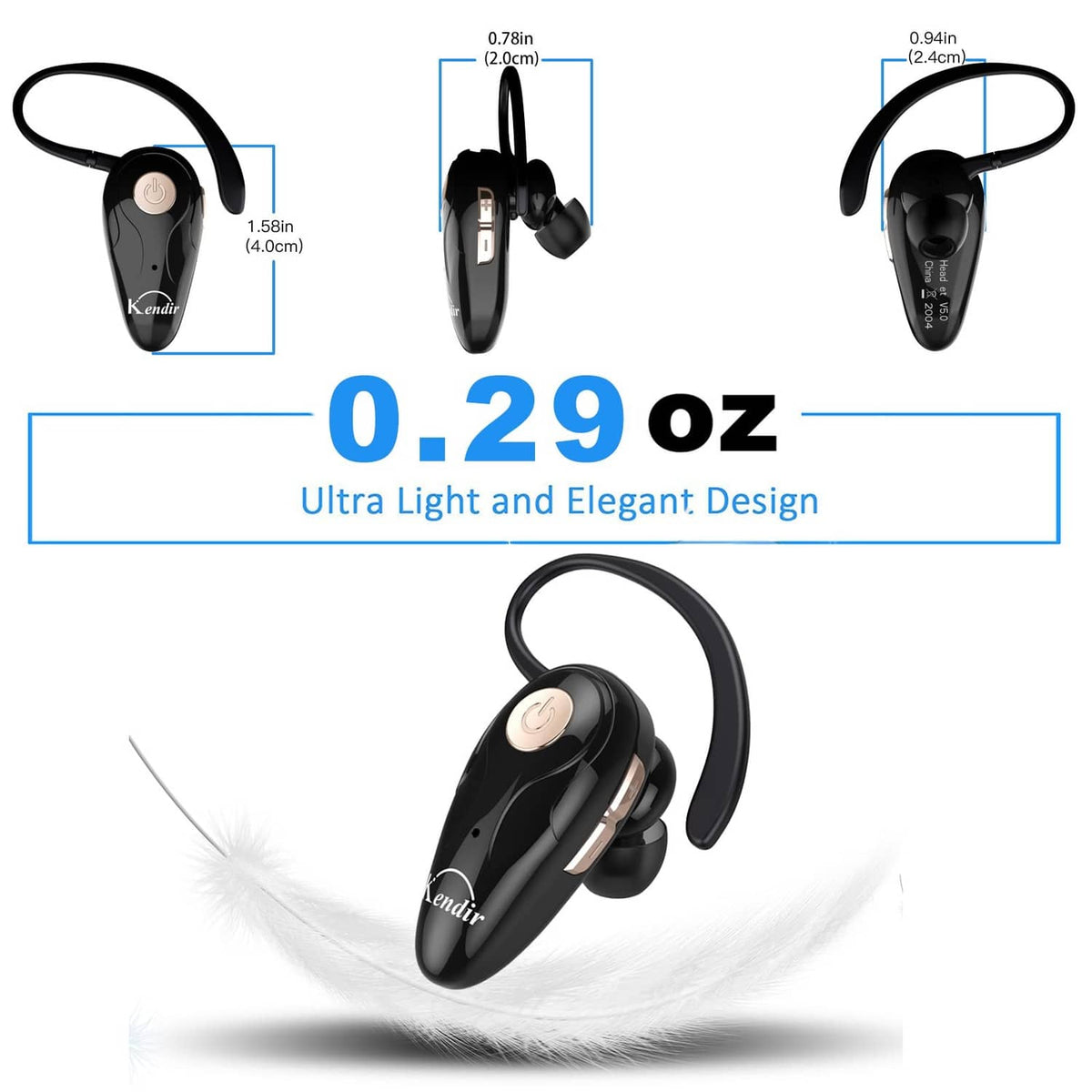 Ultra-light black wireless headset with curved ear hook and in-ear earbud