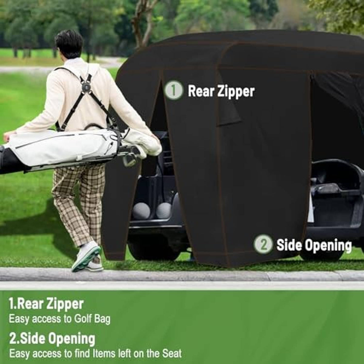 Black golf cart cover with rear zipper and side access panel for two-seat carts