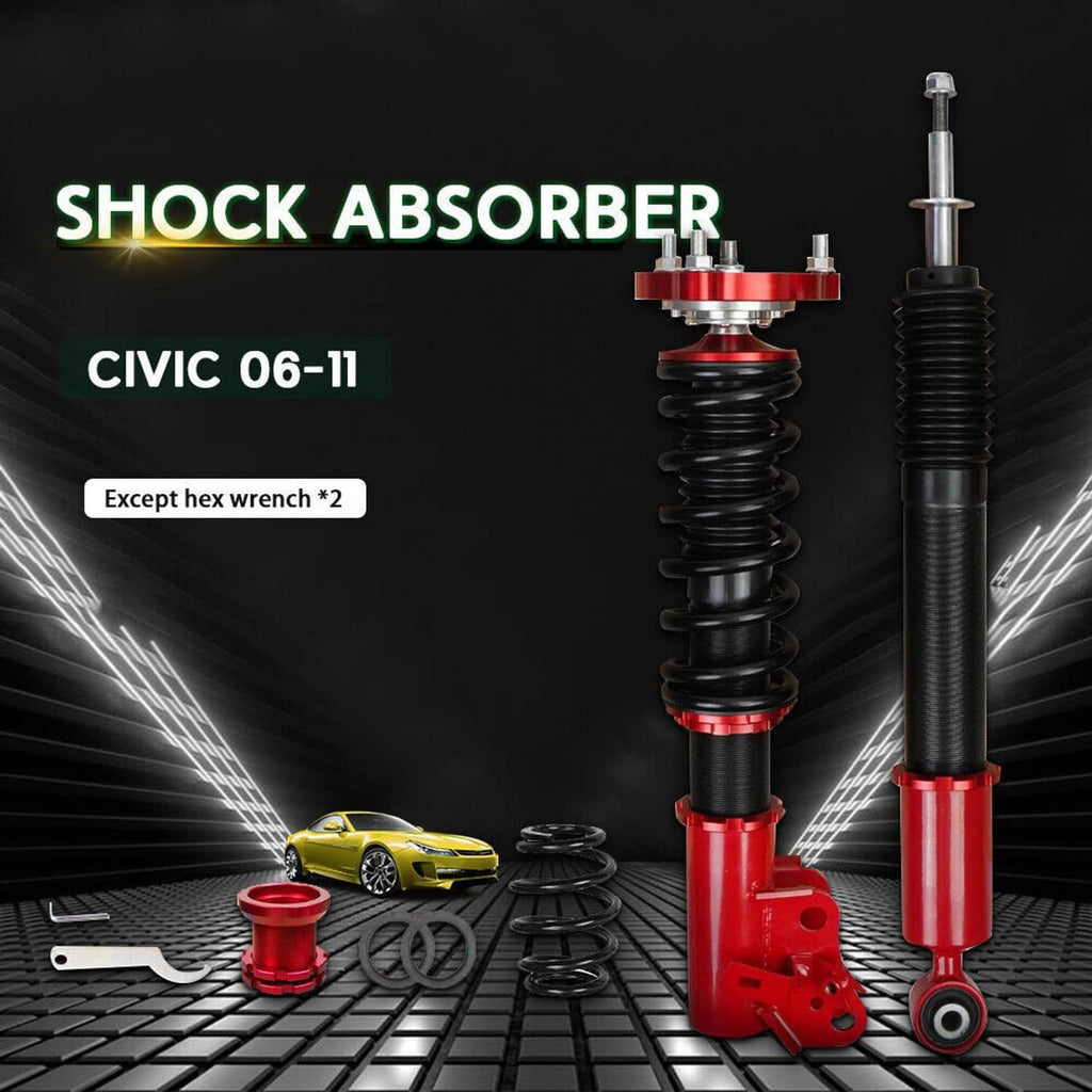 Coilover shock absorber pair with red adjustment collars, black springs, and mounting brackets