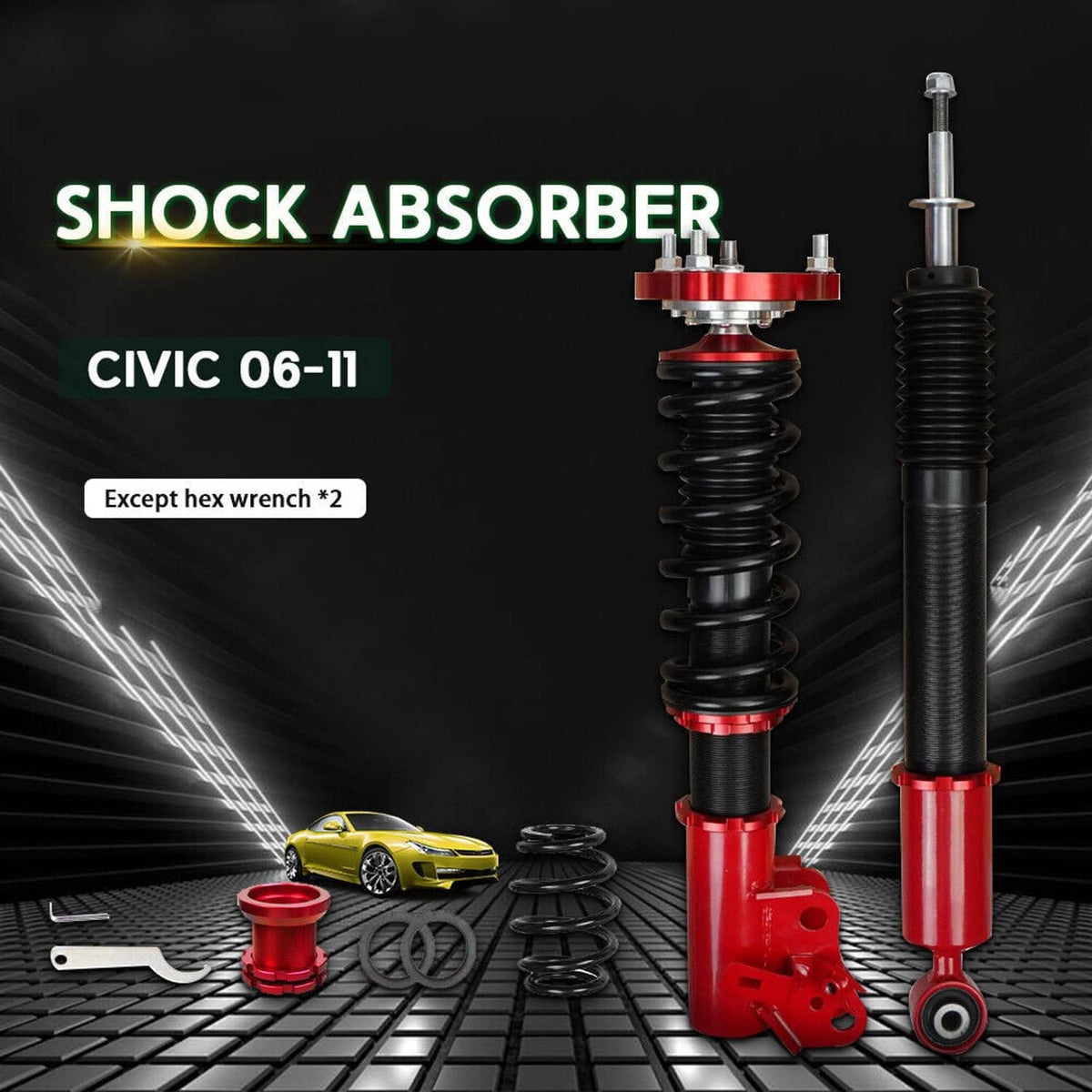 Coilover shock absorber pair with red adjustment collars, black springs, and mounting brackets