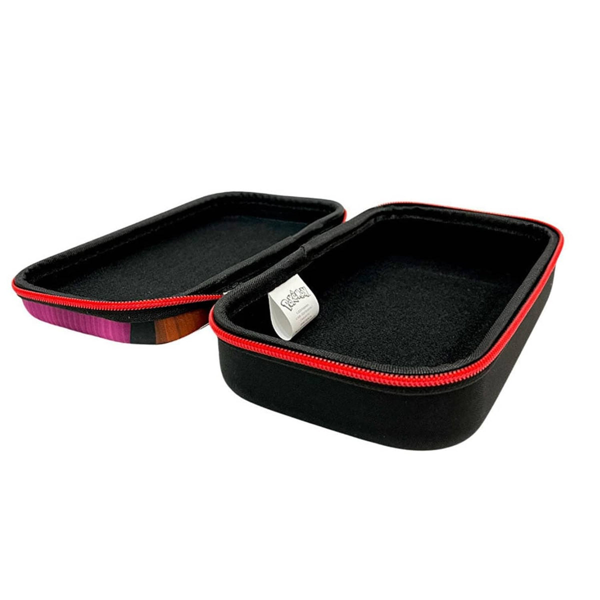 Open black Pokémon pencil case with red zipper trim and multicolor side panel
