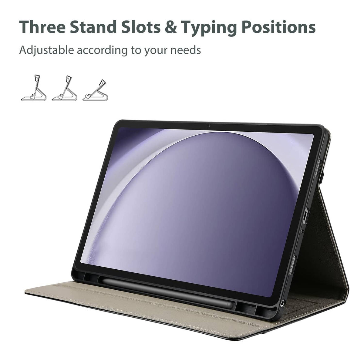 Black folio tablet case with multiple stand slots for typing positions