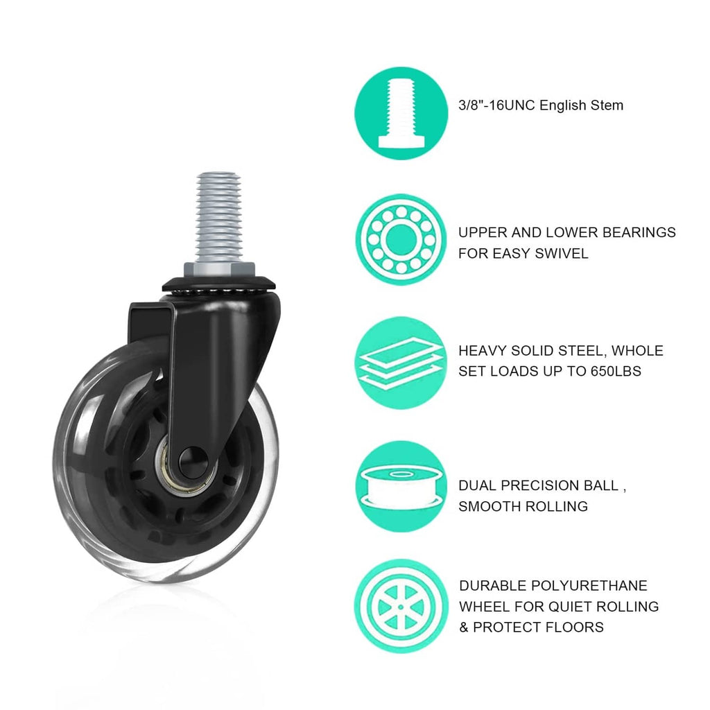 Black office chair caster wheel with swivel base and steel threaded stem