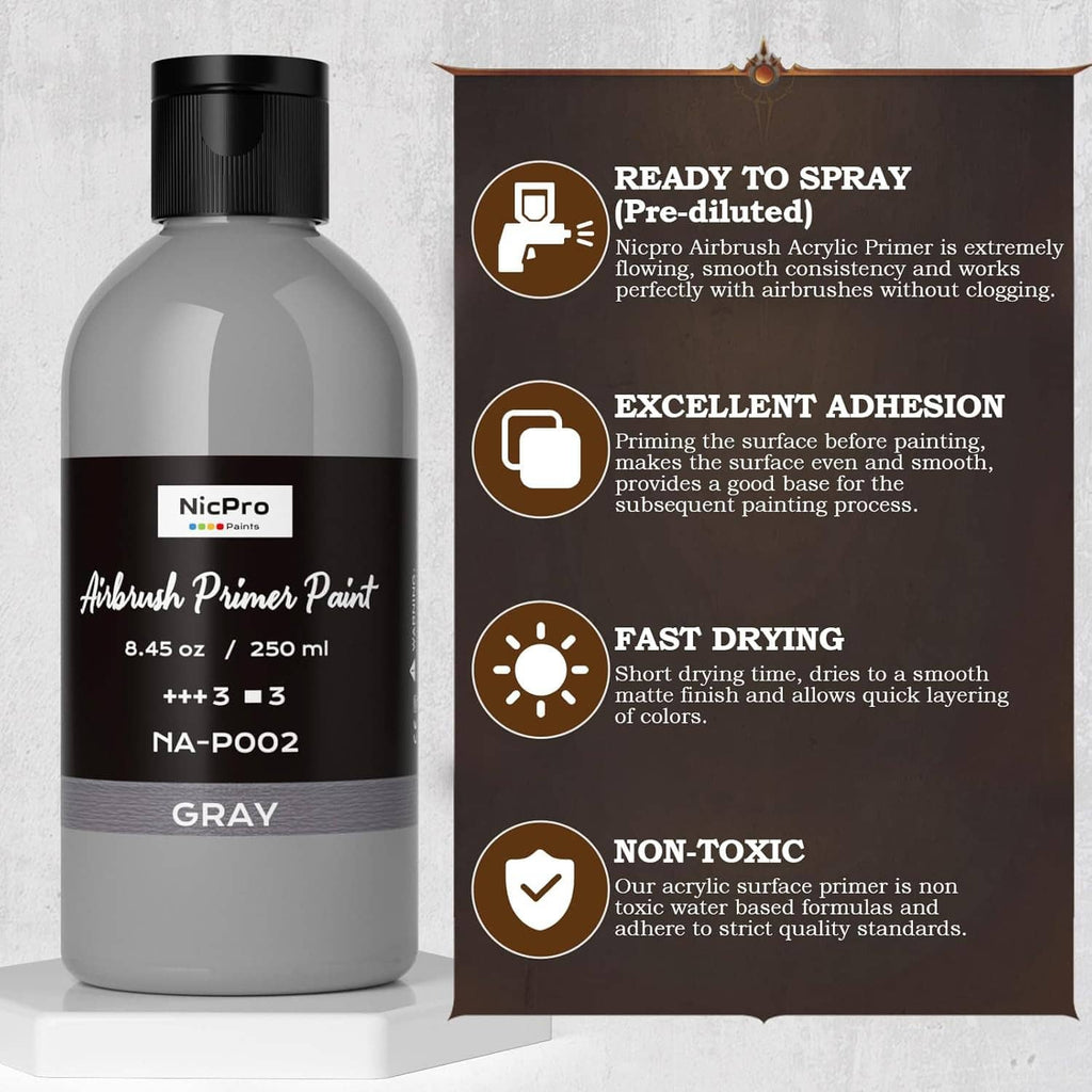 Grey airbrush primer paint bottle with label and matte finish, fast drying, non-toxic notes
