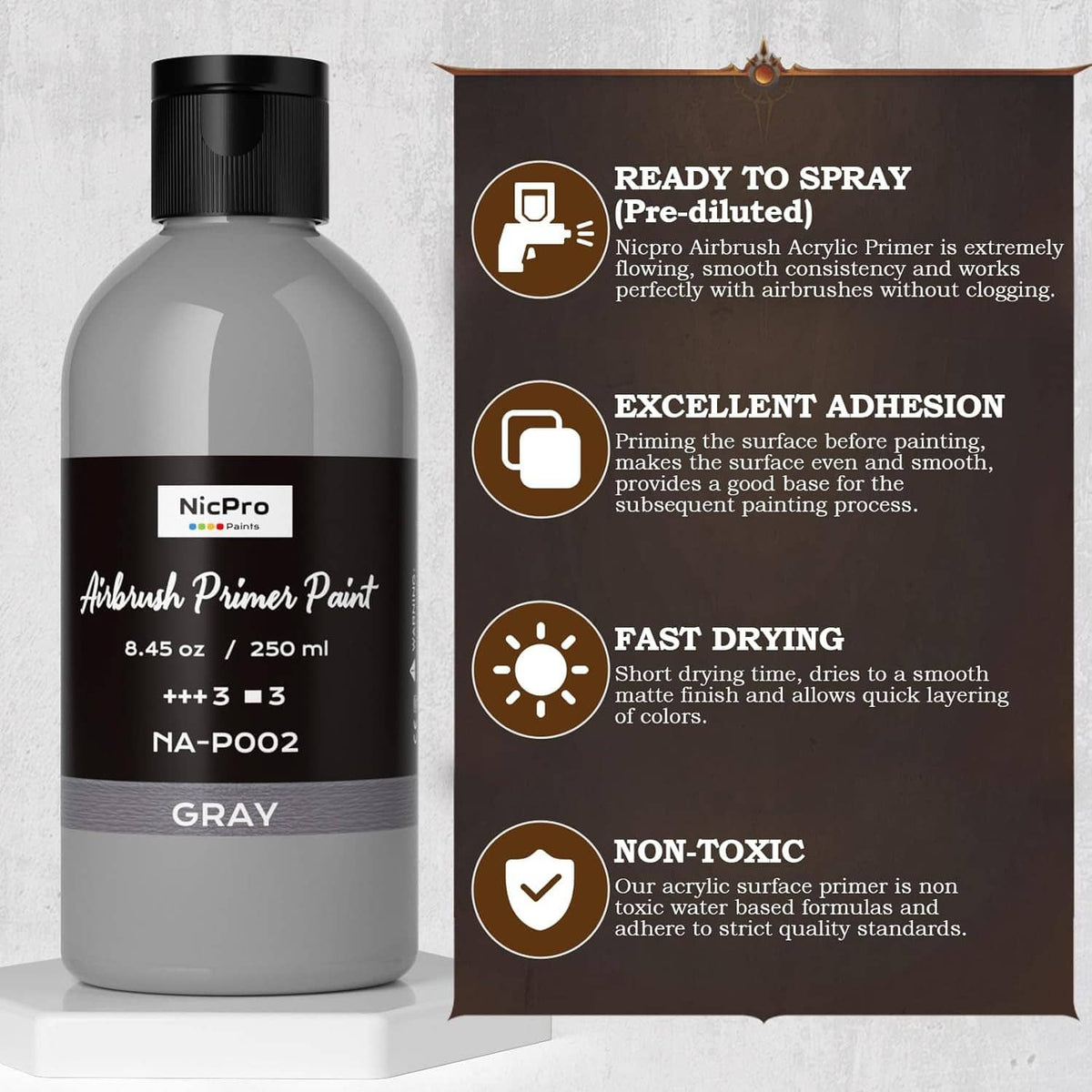 Grey airbrush primer paint bottle with label and matte finish, fast drying, non-toxic notes
