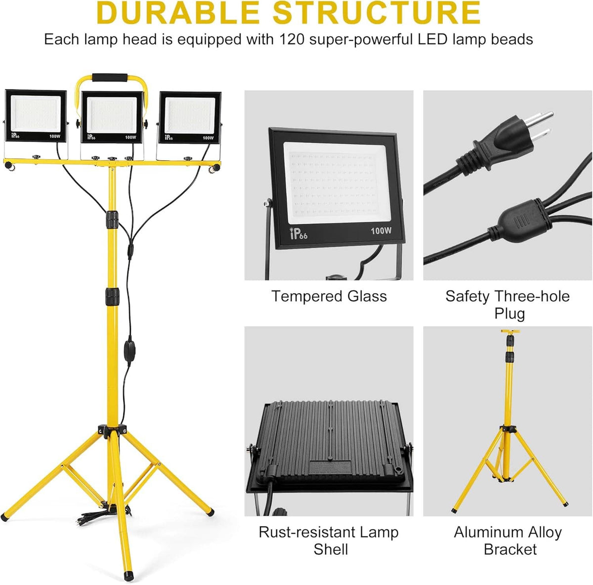 Durable LED work light with tempered glass panels, safety three-hole plug, yellow tripod stand