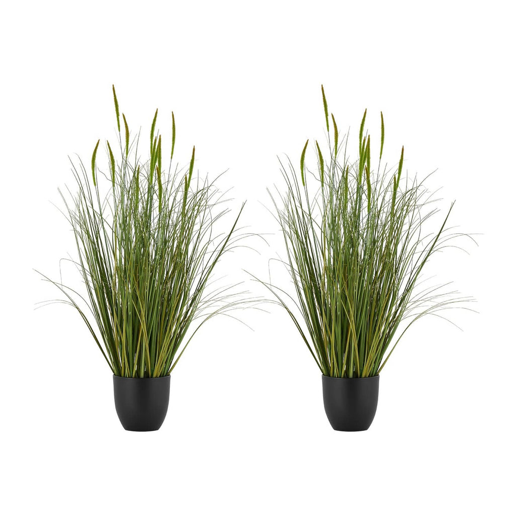 Two artificial cattail grass plants in matching black pots with green upright stems