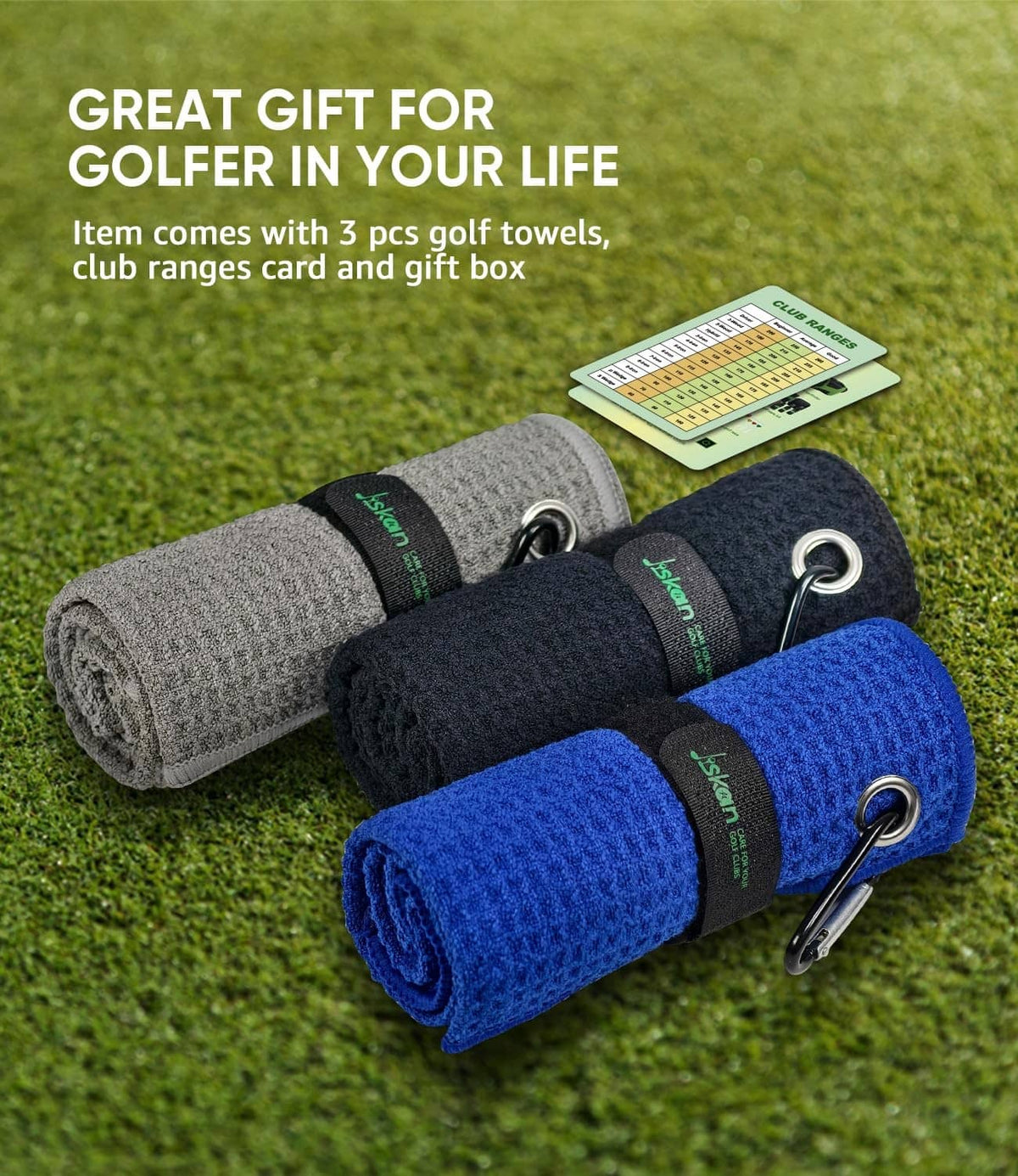Jiskan microfiber golf club towels set with range card and gift box, blue, black, and gray