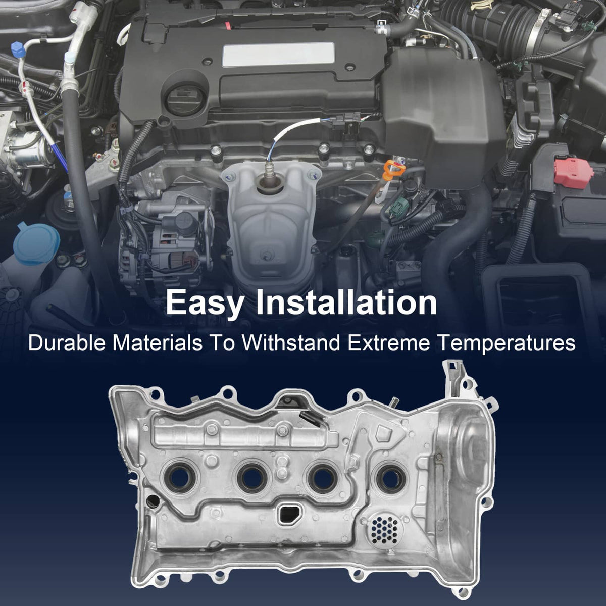Silver aluminum engine valve cover assembly shown from the side with round ports
