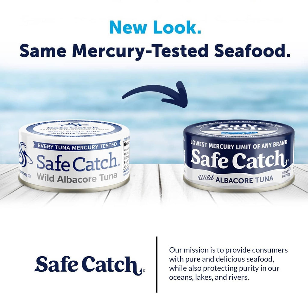 Two Safe Catch wild albacore tuna cans side by side with blue-and-white labels.