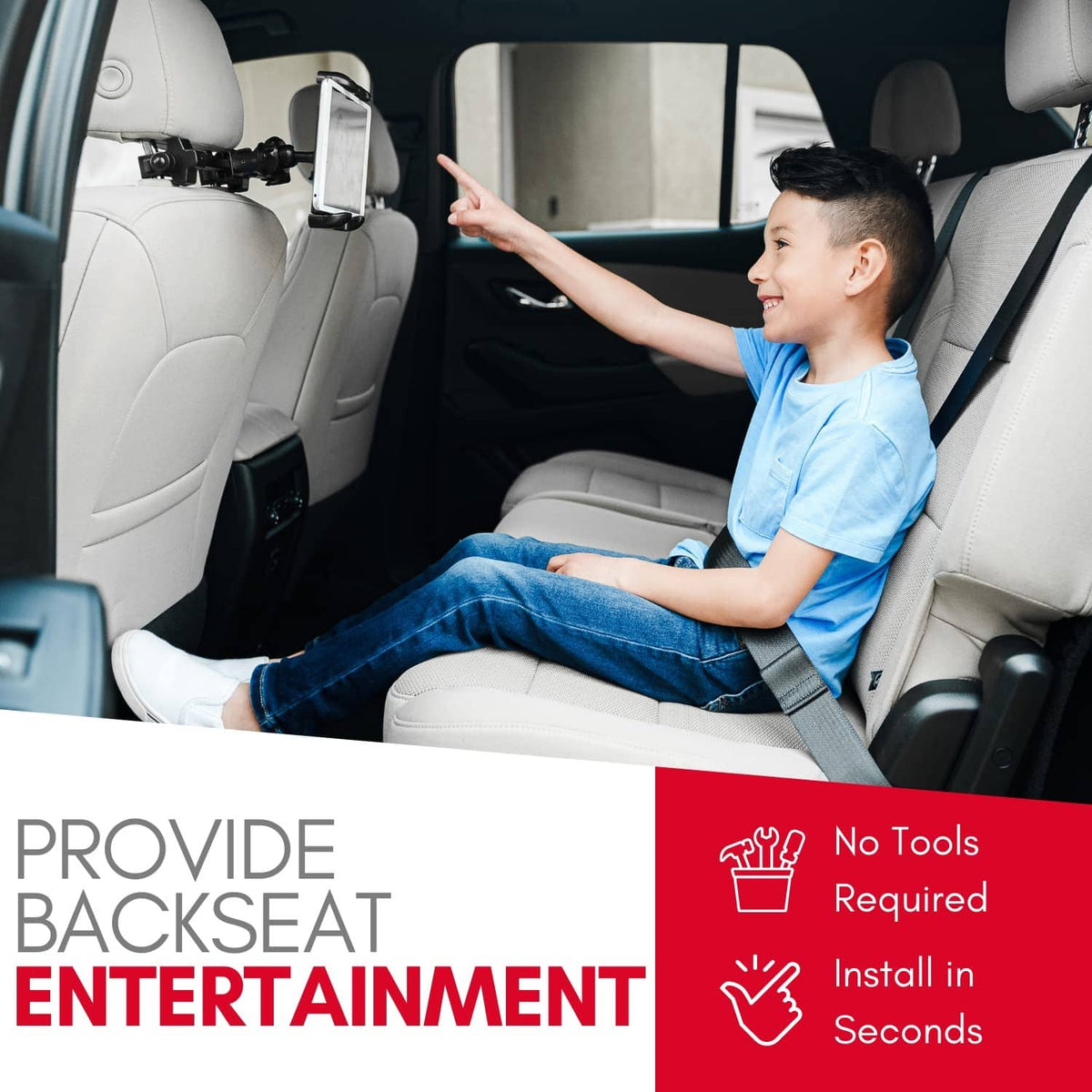 Backseat car mount with adjustable bracket holding a tablet for rear-seat entertainment