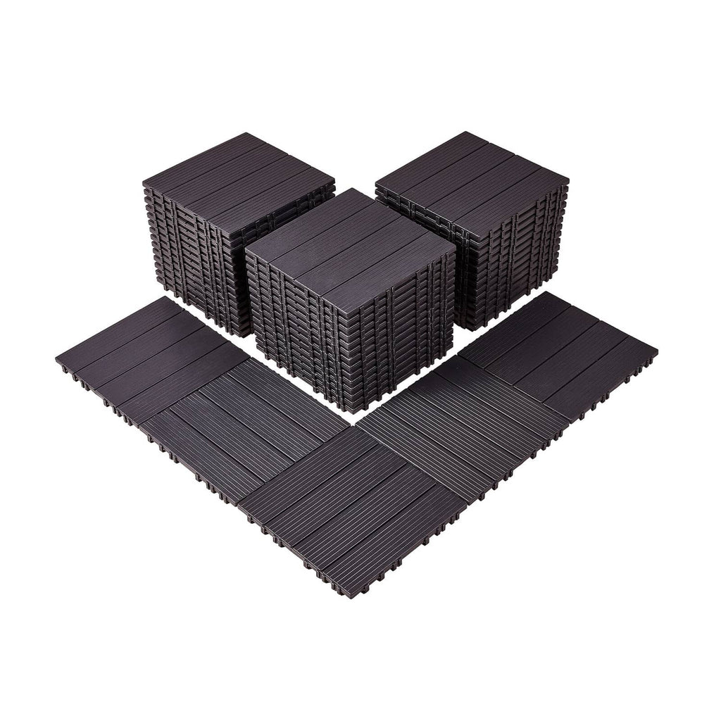 Interlocking deck tiles set in dark brown with ridged top and snap edges