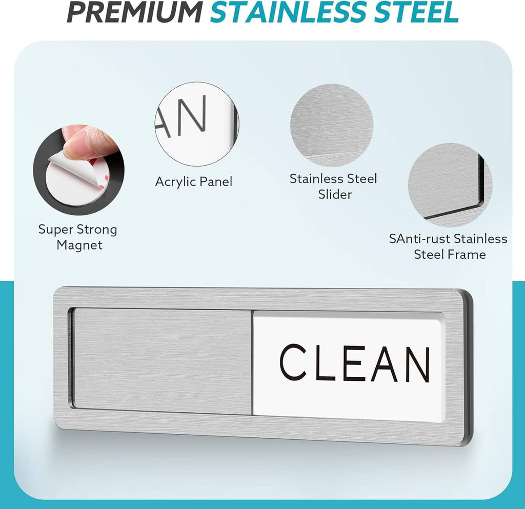 Dishwasher clean-dirty magnet sign with “CLEAN” on a white panel in stainless frame