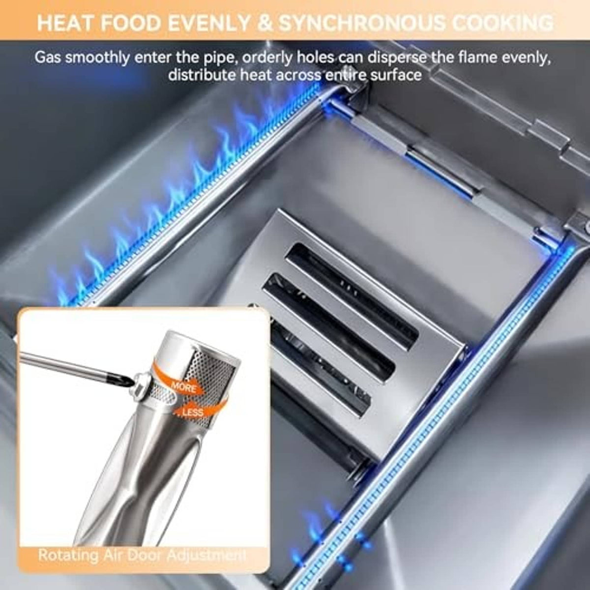 Stainless burner pipe assembly with flame coverage along black heat shield bars