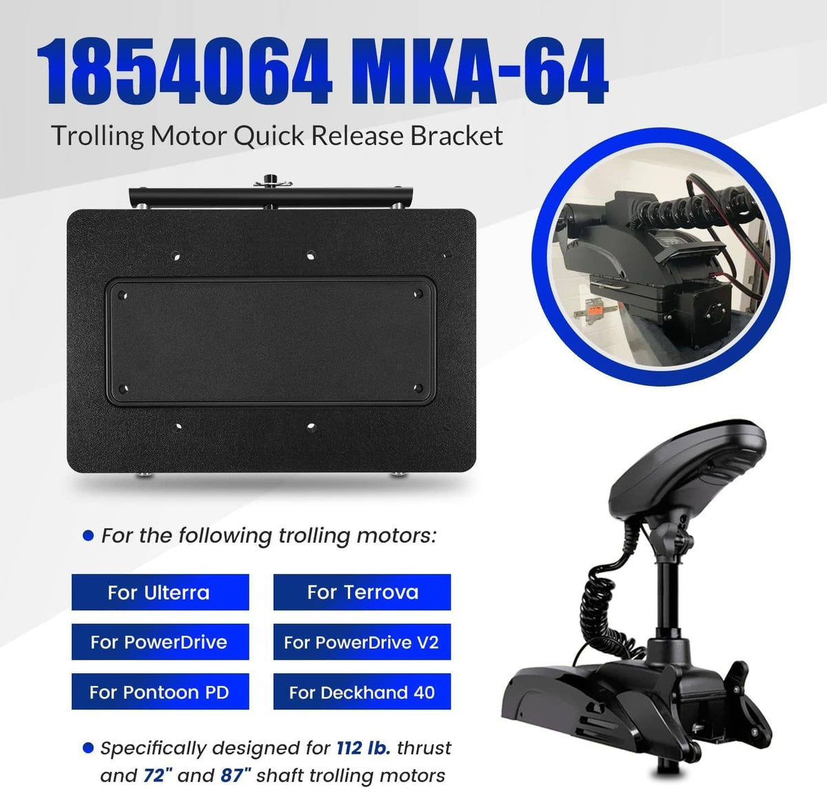 Black quick release trolling motor bracket plate with side mounting hardware