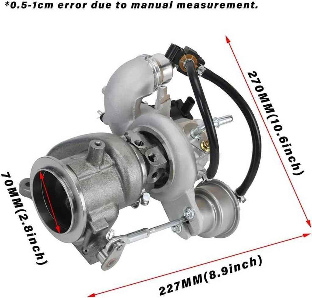 Turbocharger with silver turbine housing and black electrical connector, angled side view