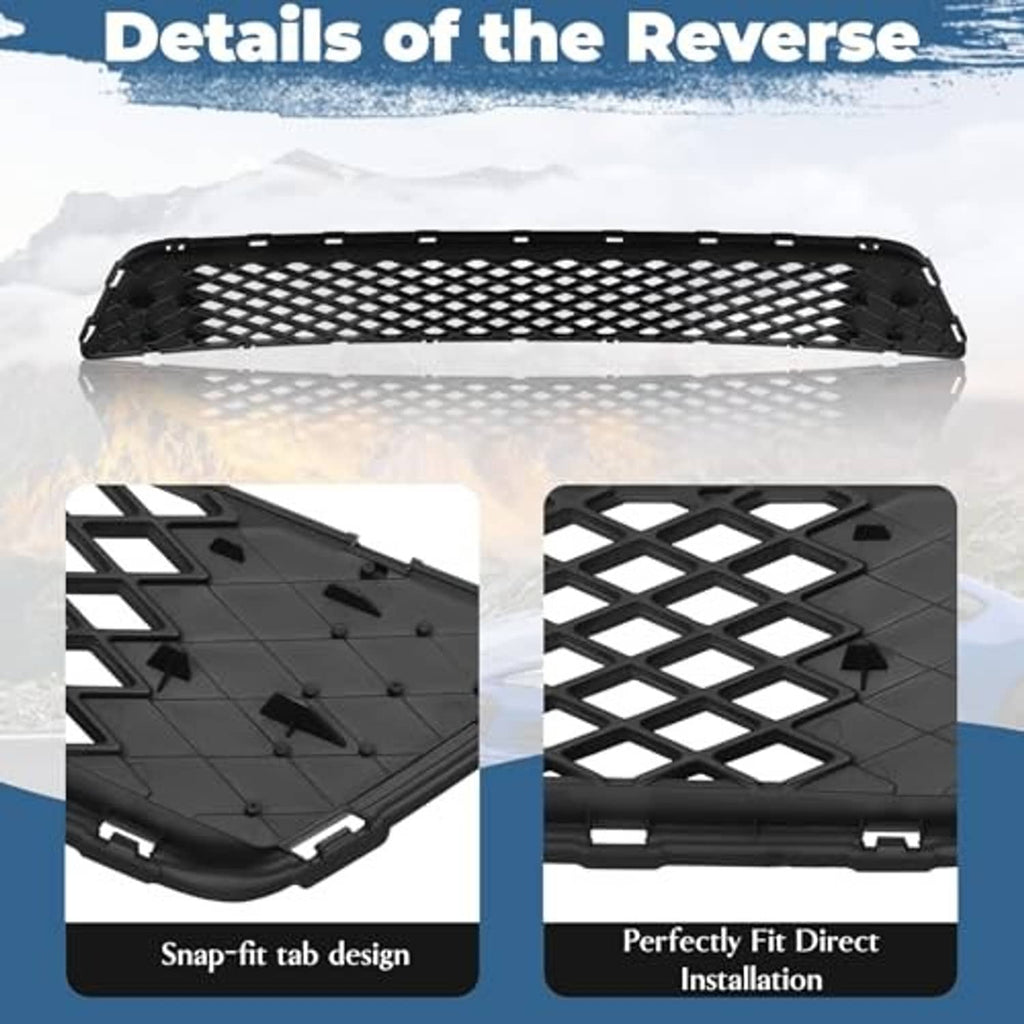 Black grille backplate with snap-fit tabs and diamond mesh opening