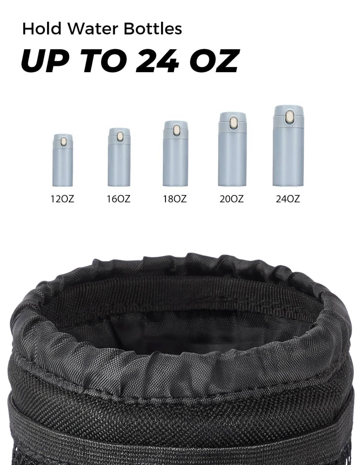 Black mesh cup holder with drawstring top for holding water bottles up to 24 oz