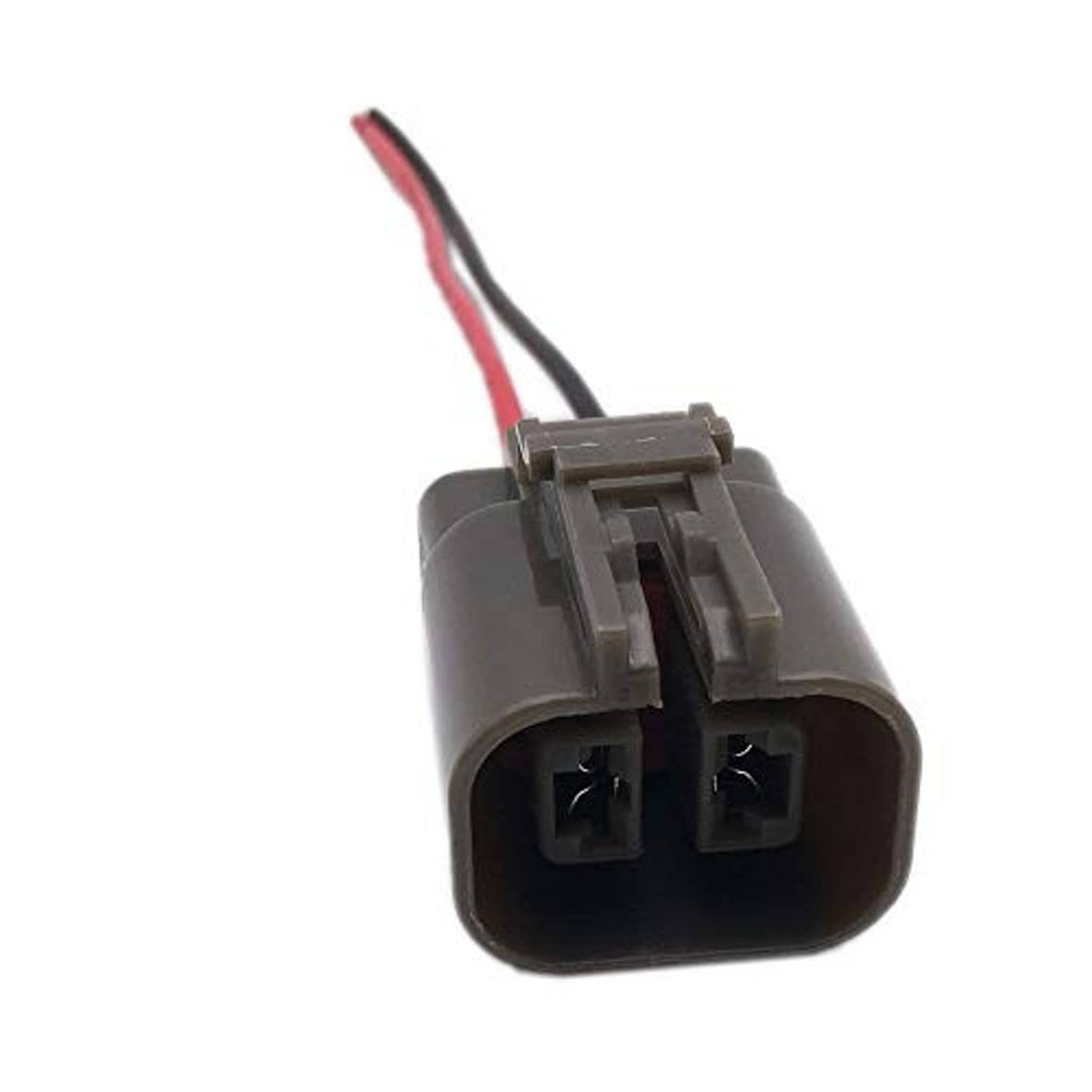 Two-pin connector plug with red and black leads, dark gray plastic housing